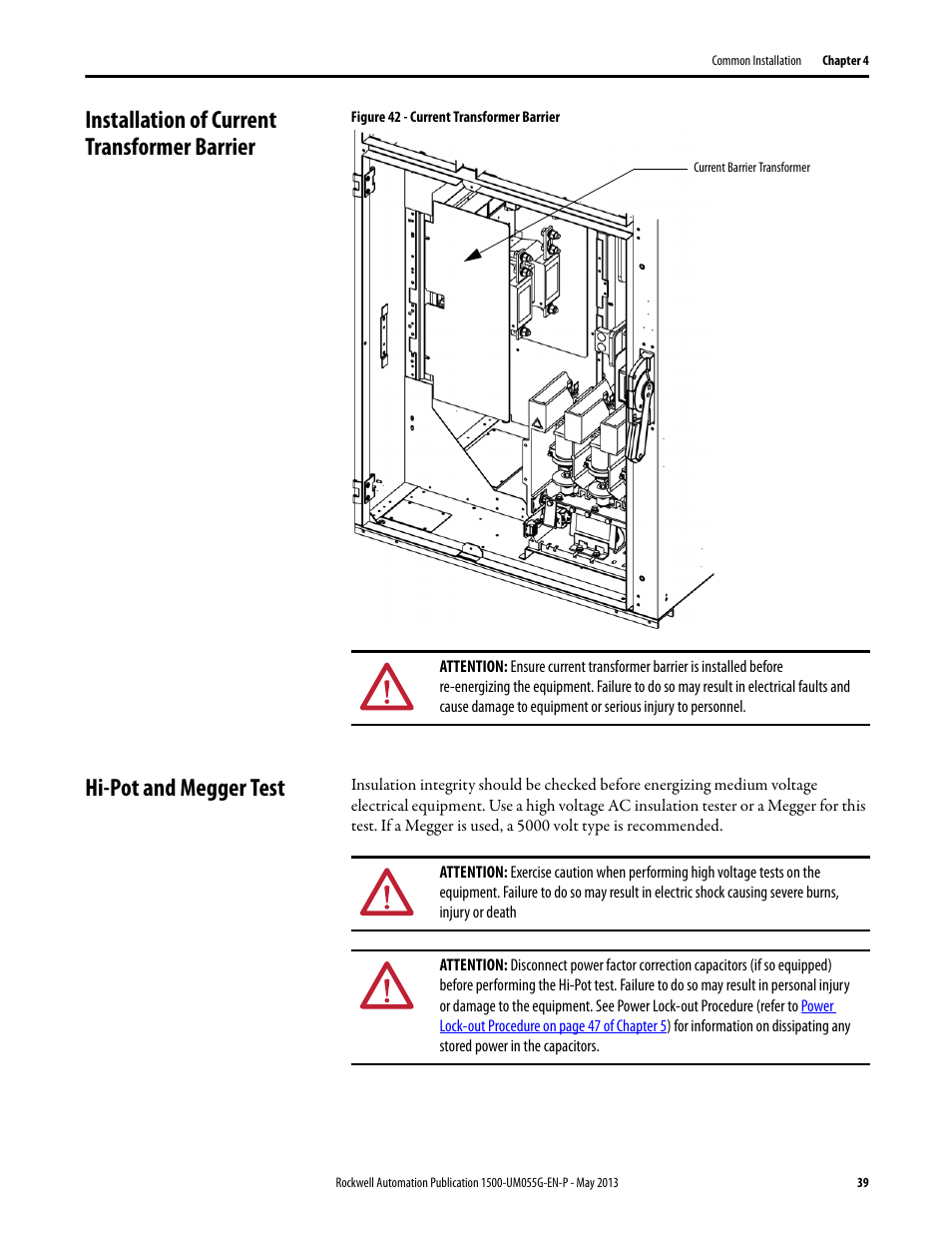 Installation of current transformer barrier, Hi-pot and megger test | Rockwell Automation 1512B MV Controllers, 200/400A Two-High Cabinet, Standard and Arc-Resistant Enclosure User Manual | Page 47 / 100