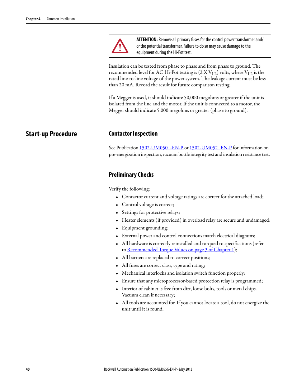 Start-up procedure, Contactor inspection, Preliminary checks | Contactor inspection preliminary checks | Rockwell Automation 1512B MV Controllers, 200/400A Two-High Cabinet, Standard and Arc-Resistant Enclosure User Manual | Page 48 / 100