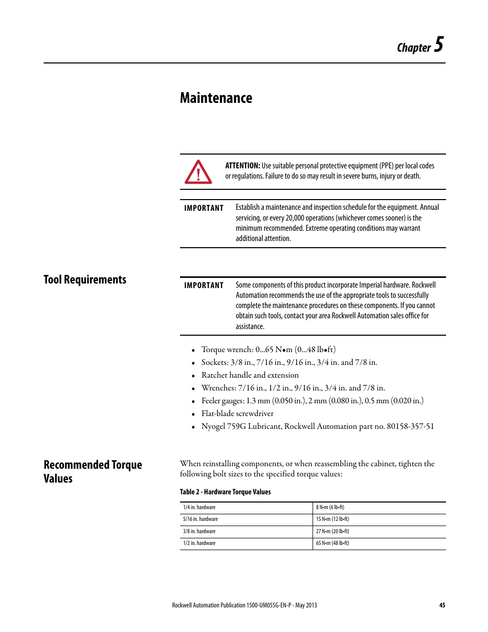 5 - maintenance, Tool requirements, Recommended torque values | Chapter 5, Maintenance, Tool requirements recommended torque values, Chapter | Rockwell Automation 1512B MV Controllers, 200/400A Two-High Cabinet, Standard and Arc-Resistant Enclosure User Manual | Page 53 / 100