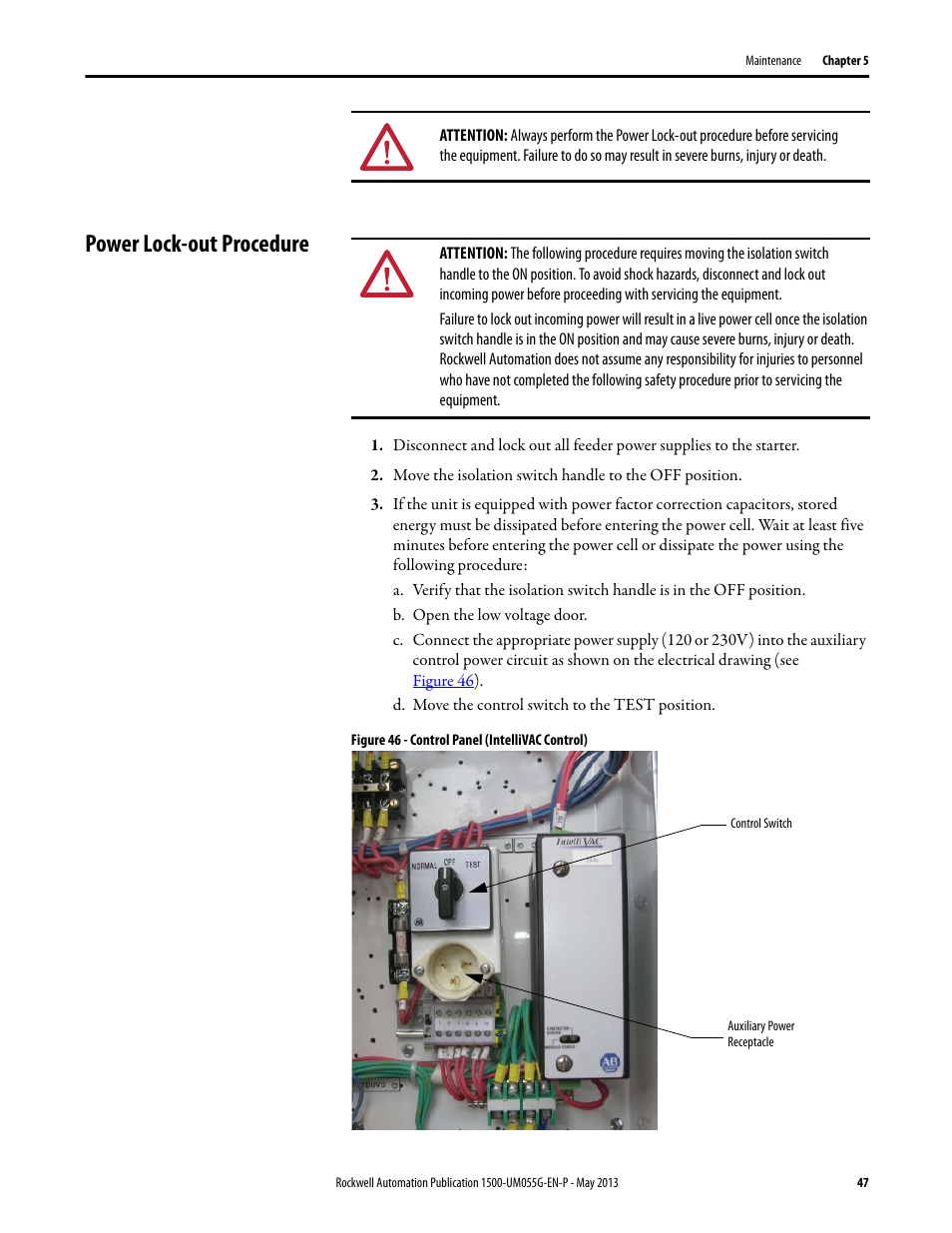 Power lock-out procedure, Refer to, Power lock-out | T (refer to, E (refer to, R (refer to, Power | Rockwell Automation 1512B MV Controllers, 200/400A Two-High Cabinet, Standard and Arc-Resistant Enclosure User Manual | Page 55 / 100