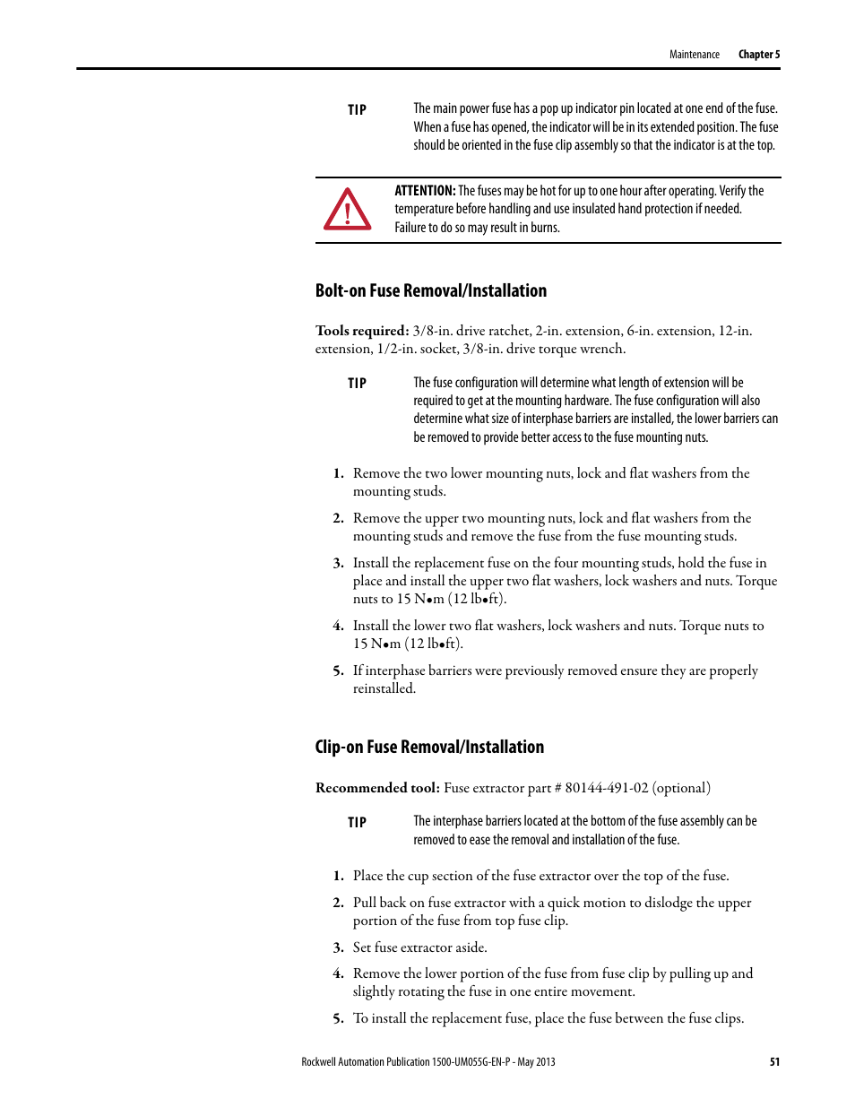 Bolt-on fuse removal/installation, Clip-on fuse removal/installation | Rockwell Automation 1512B MV Controllers, 200/400A Two-High Cabinet, Standard and Arc-Resistant Enclosure User Manual | Page 59 / 100