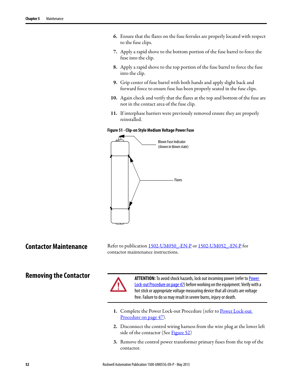 Contactor maintenance, Removing the contactor, Contactor maintenance removing the contactor | Refer to, Removing the contactor on | Rockwell Automation 1512B MV Controllers, 200/400A Two-High Cabinet, Standard and Arc-Resistant Enclosure User Manual | Page 60 / 100
