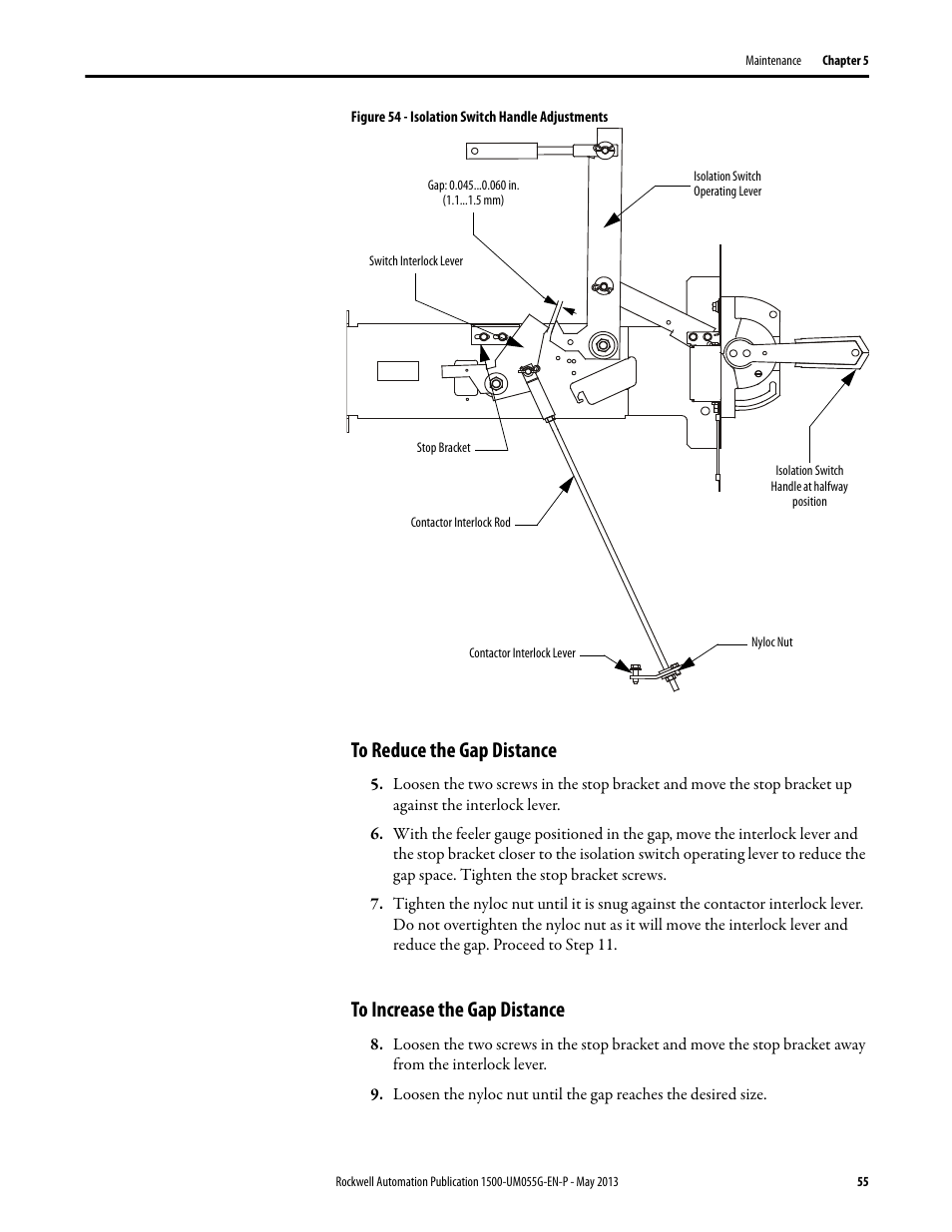 To reduce the gap distance, To increase the gap distance, Figure 54 | Rockwell Automation 1512B MV Controllers, 200/400A Two-High Cabinet, Standard and Arc-Resistant Enclosure User Manual | Page 63 / 100
