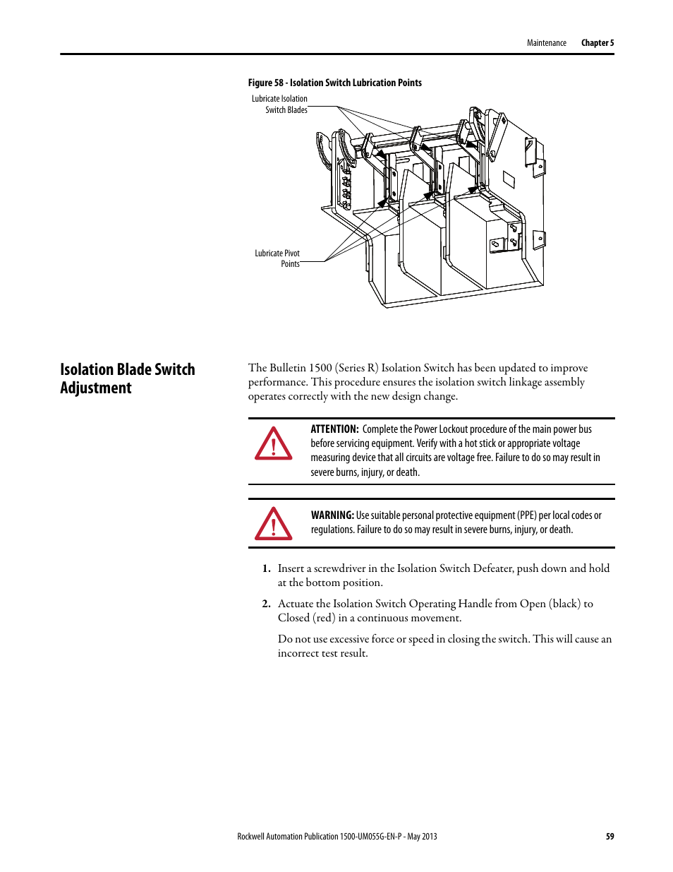 Isolation blade switch adjustment, Figure 58 | Rockwell Automation 1512B MV Controllers, 200/400A Two-High Cabinet, Standard and Arc-Resistant Enclosure User Manual | Page 67 / 100