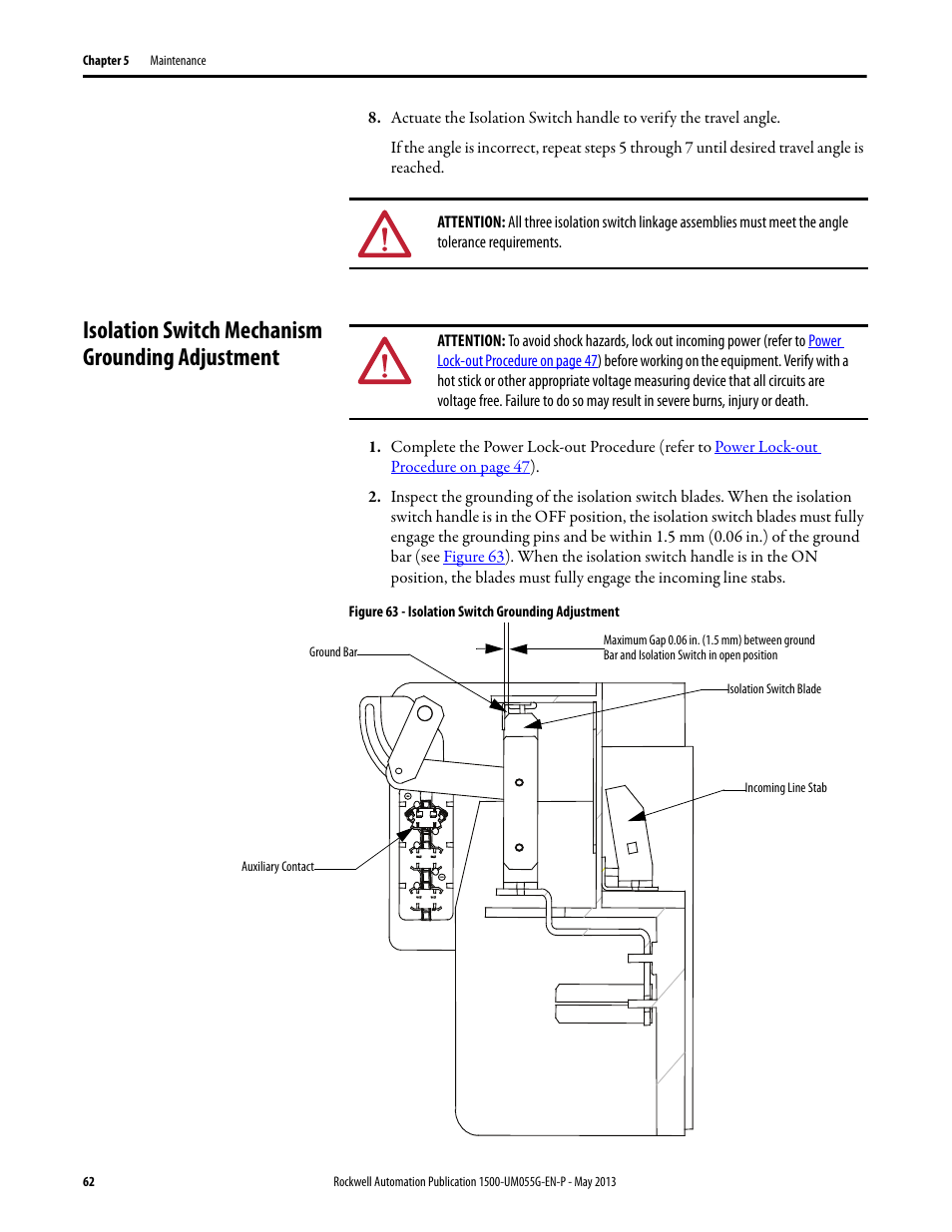 Isolation switch mechanism grounding adjustment, Figure 63 | Rockwell Automation 1512B MV Controllers, 200/400A Two-High Cabinet, Standard and Arc-Resistant Enclosure User Manual | Page 70 / 100