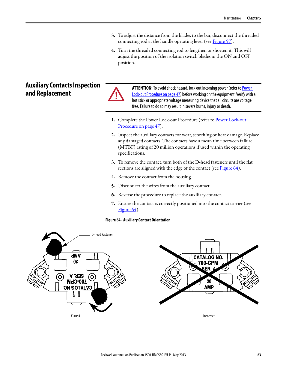 Auxiliary contacts inspection and replacement | Rockwell Automation 1512B MV Controllers, 200/400A Two-High Cabinet, Standard and Arc-Resistant Enclosure User Manual | Page 71 / 100