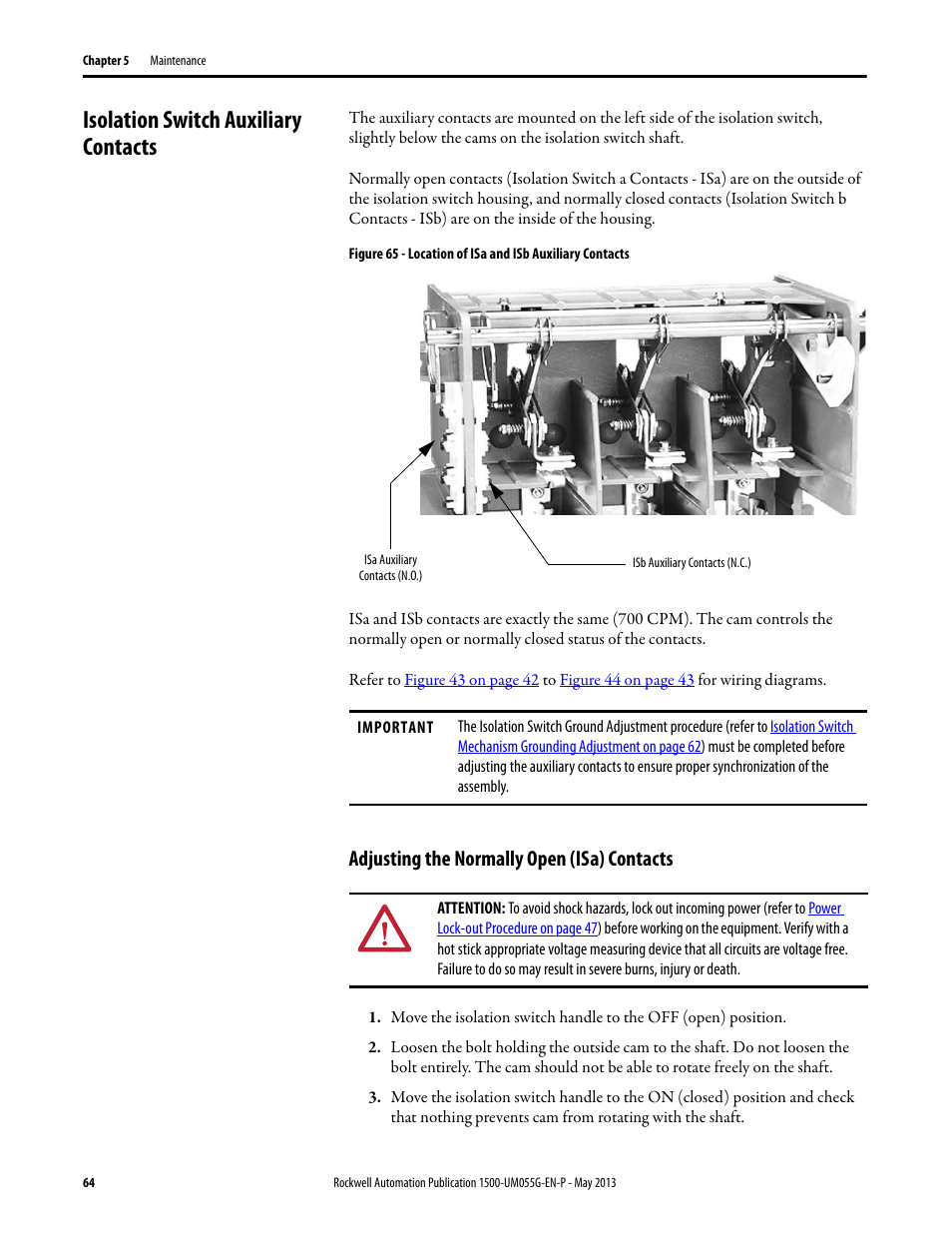 Isolation switch auxiliary contacts, Adjusting the normally open (isa) contacts | Rockwell Automation 1512B MV Controllers, 200/400A Two-High Cabinet, Standard and Arc-Resistant Enclosure User Manual | Page 72 / 100