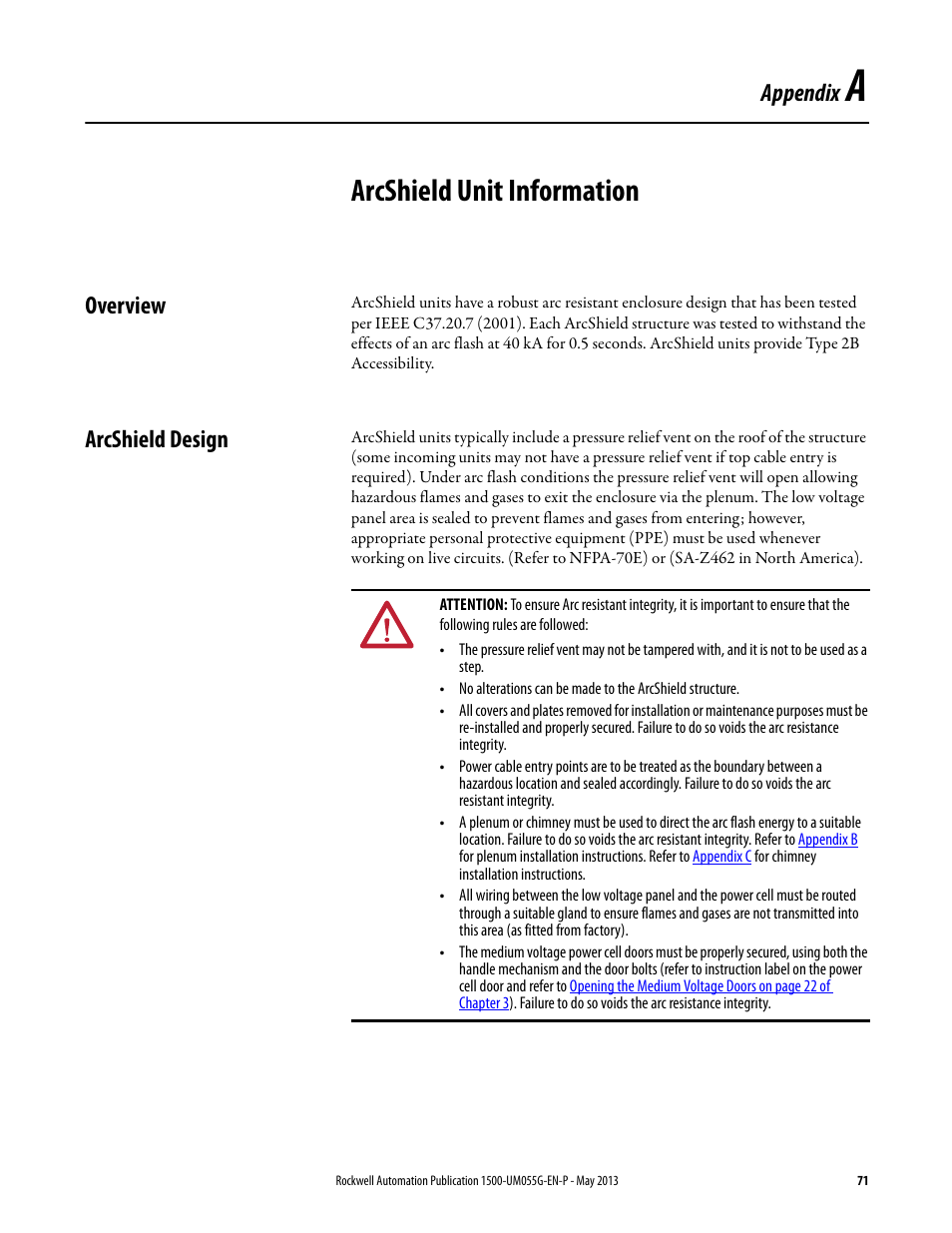 A - arcshield unit information, Overview, Arcshield design | Appendix a, Be found in, Arcshield unit information, Appendix | Rockwell Automation 1512B MV Controllers, 200/400A Two-High Cabinet, Standard and Arc-Resistant Enclosure User Manual | Page 79 / 100