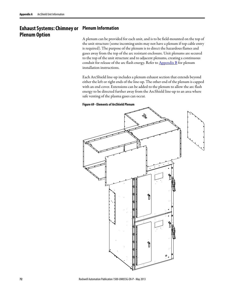 Exhaust systems: chimney or plenum option, Plenum information | Rockwell Automation 1512B MV Controllers, 200/400A Two-High Cabinet, Standard and Arc-Resistant Enclosure User Manual | Page 80 / 100