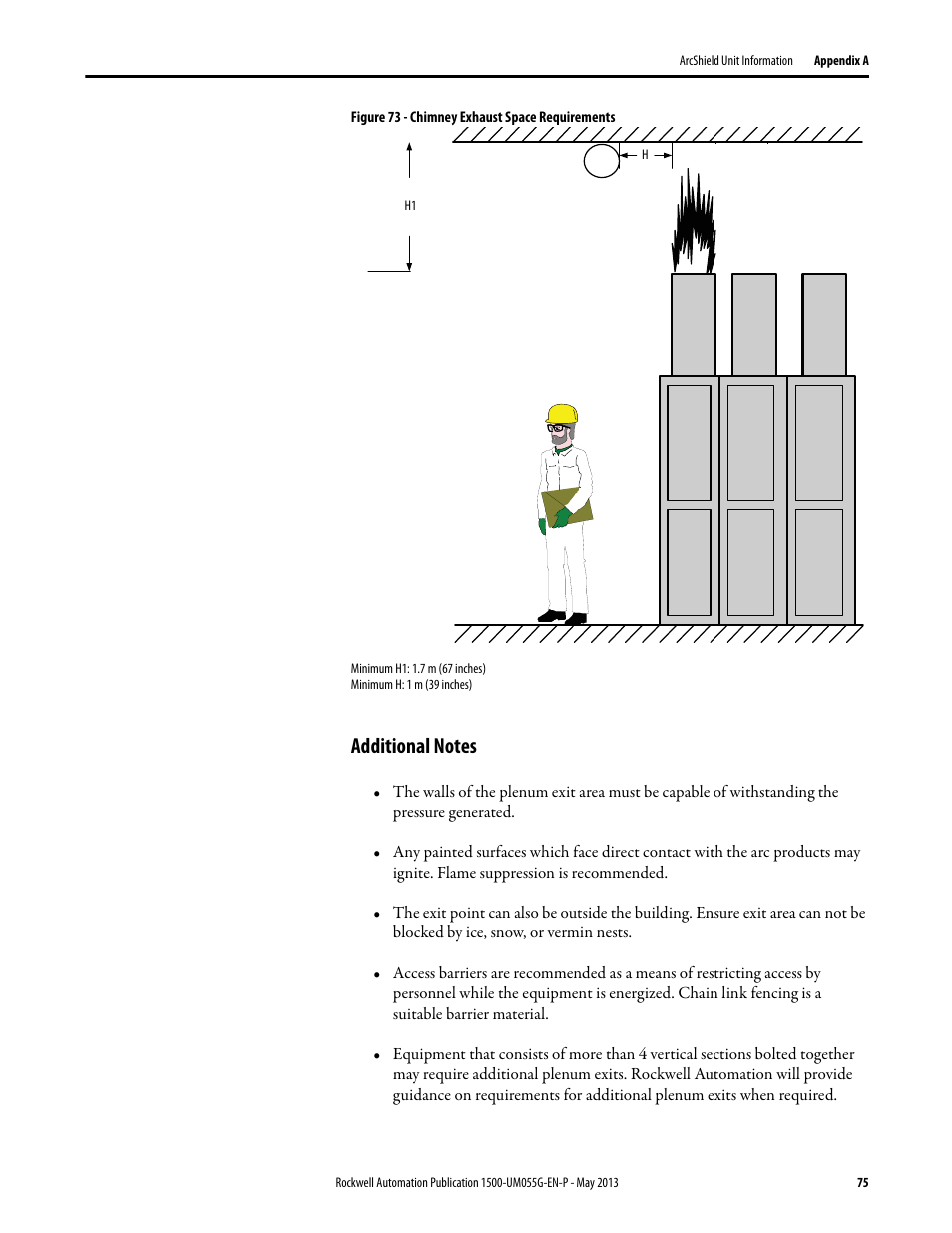 Additional notes, Plenum exhaust considerations, Figure 73 | Rockwell Automation 1512B MV Controllers, 200/400A Two-High Cabinet, Standard and Arc-Resistant Enclosure User Manual | Page 83 / 100