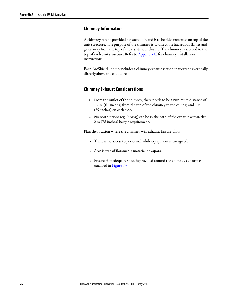 Chimney information, Chimney exhaust considerations, Additional notes | Rockwell Automation 1512B MV Controllers, 200/400A Two-High Cabinet, Standard and Arc-Resistant Enclosure User Manual | Page 84 / 100