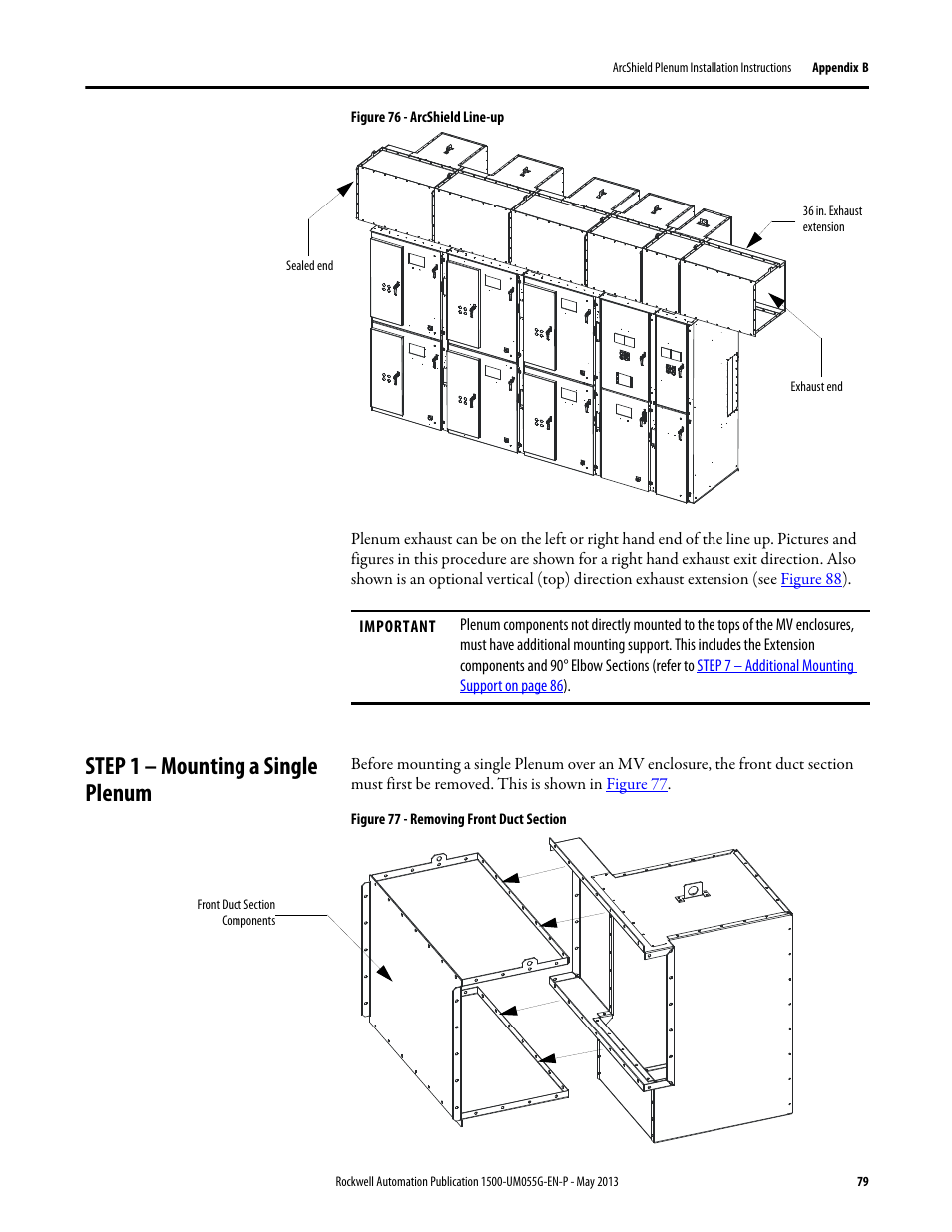 Step 1 – mounting a single plenum, General plenum layout for arcshield line-up | Rockwell Automation 1512B MV Controllers, 200/400A Two-High Cabinet, Standard and Arc-Resistant Enclosure User Manual | Page 87 / 100