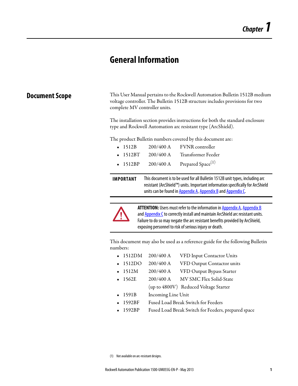 1 - general information, Document scope, Chapter 1 | General information, Chapter | Rockwell Automation 1512B MV Controllers, 200/400A Two-High Cabinet, Standard and Arc-Resistant Enclosure User Manual | Page 9 / 100