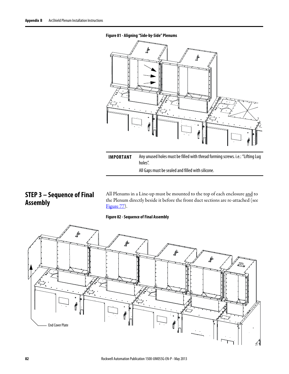 Step 3 – sequence of final assembly, Step 2 – alignment of “side-by-side” plenums | Rockwell Automation 1512B MV Controllers, 200/400A Two-High Cabinet, Standard and Arc-Resistant Enclosure User Manual | Page 90 / 100