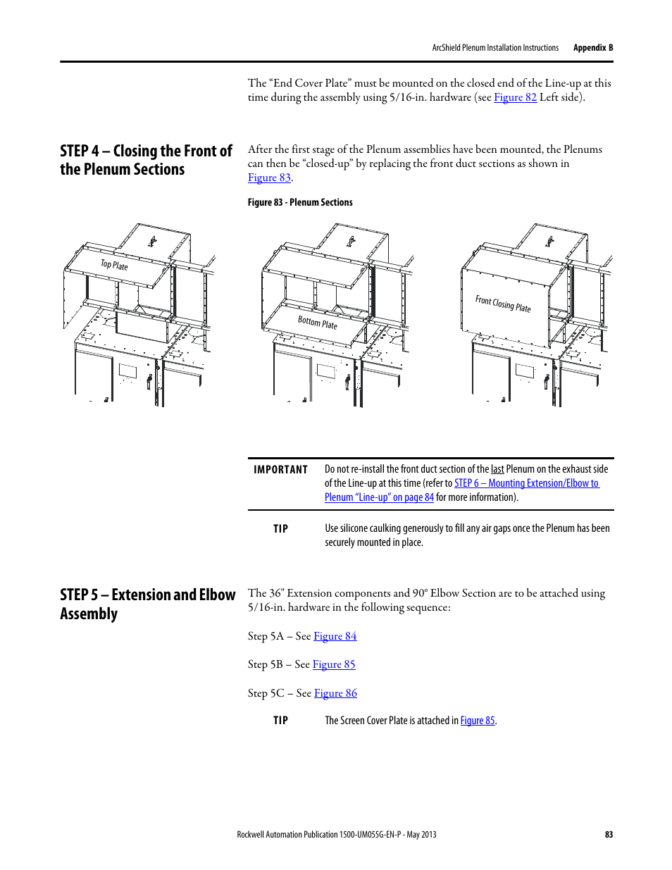 Step 4 – closing the front of the plenum sections, Step 5 – extension and elbow assembly | Rockwell Automation 1512B MV Controllers, 200/400A Two-High Cabinet, Standard and Arc-Resistant Enclosure User Manual | Page 91 / 100