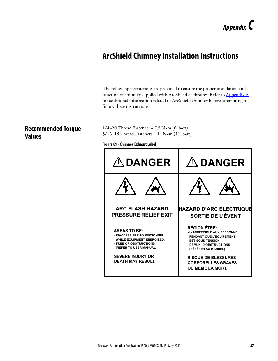 C - arcshield chimney installation instructions, Recommended torque values, Appendix c | Arcshield chimney installation, Danger, Arcshield chimney installation instructions, Appendix | Rockwell Automation 1512B MV Controllers, 200/400A Two-High Cabinet, Standard and Arc-Resistant Enclosure User Manual | Page 95 / 100