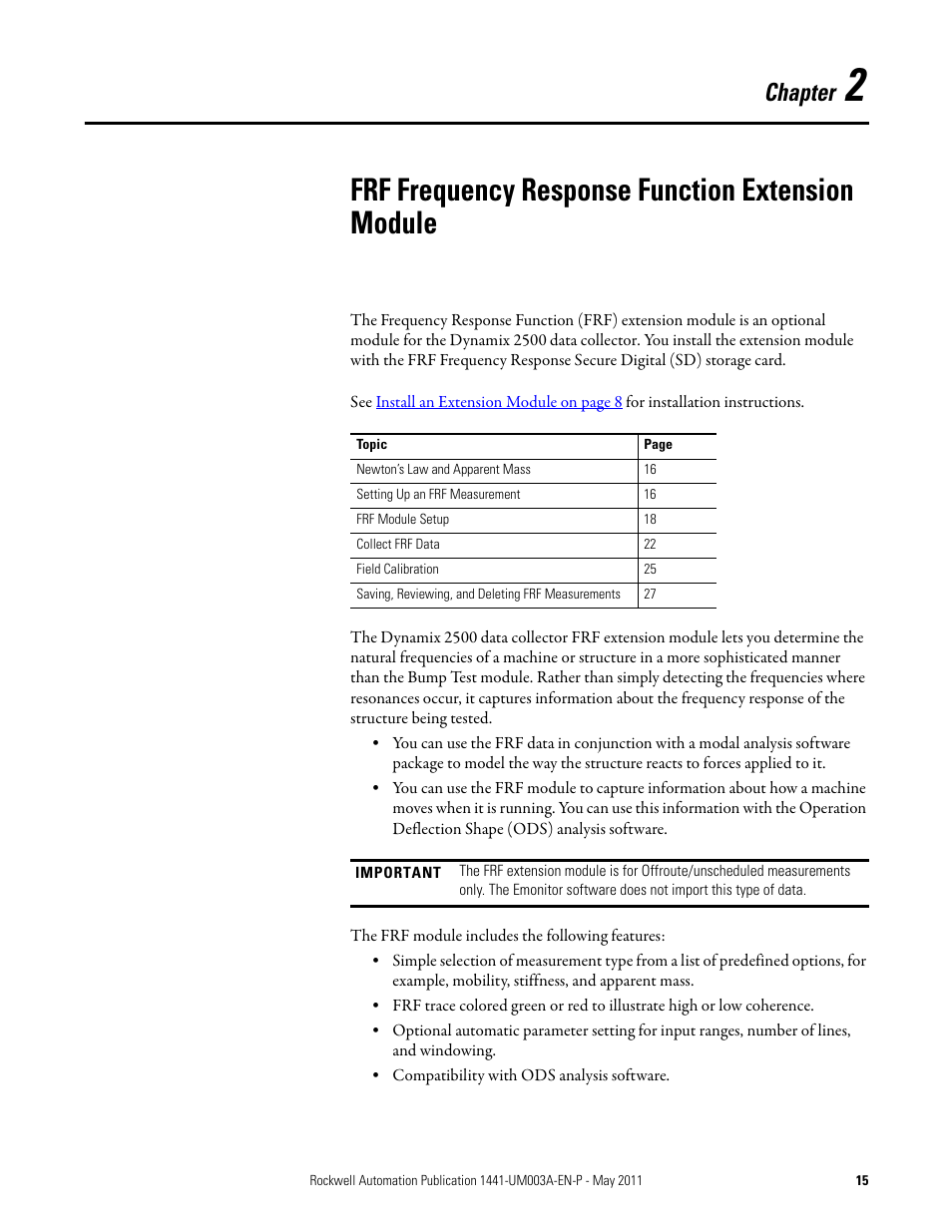 Frf frequency response function extension module, Chapter 2, Chapter | Rockwell Automation 1441-DYN25-MFRF Frequency Response Function Extension Module for the Dynamix 2500 User Manual | Page 15 / 32