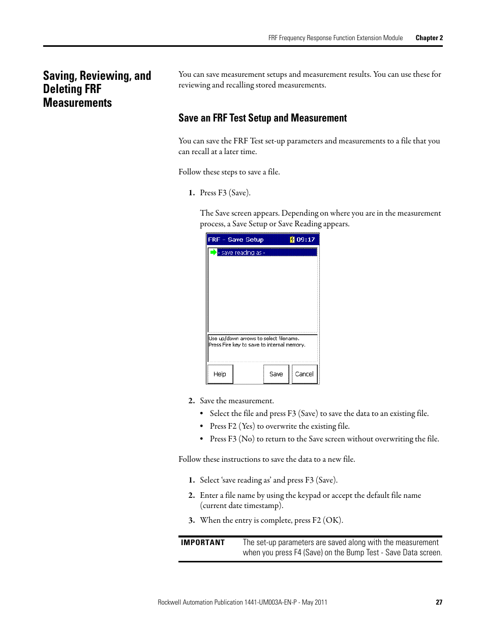Saving, reviewing, and deleting frf measurements, Save an frf test setup and measurement | Rockwell Automation 1441-DYN25-MFRF Frequency Response Function Extension Module for the Dynamix 2500 User Manual | Page 27 / 32