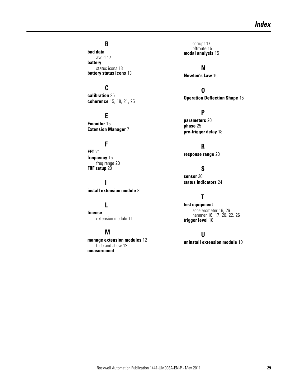 Index | Rockwell Automation 1441-DYN25-MFRF Frequency Response Function Extension Module for the Dynamix 2500 User Manual | Page 29 / 32