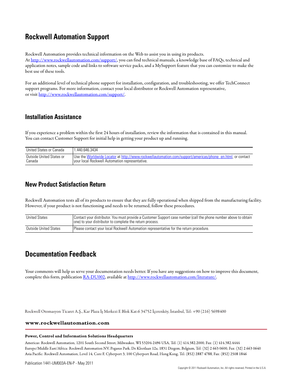 Back cover, Rockwell automation support, Documentation feedback | Installation assistance, New product satisfaction return | Rockwell Automation 1441-DYN25-MFRF Frequency Response Function Extension Module for the Dynamix 2500 User Manual | Page 32 / 32