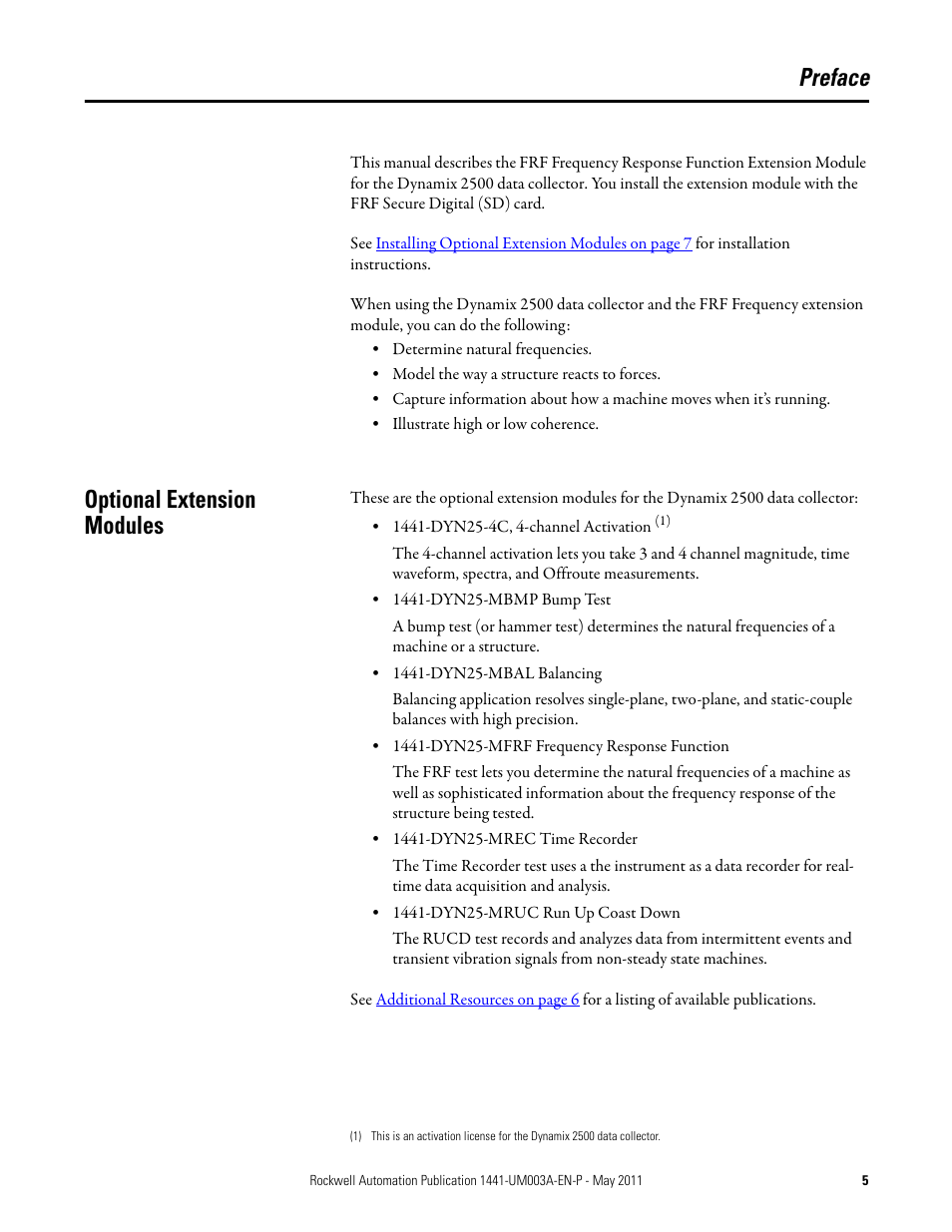 Preface, Optional extension modules | Rockwell Automation 1441-DYN25-MFRF Frequency Response Function Extension Module for the Dynamix 2500 User Manual | Page 5 / 32