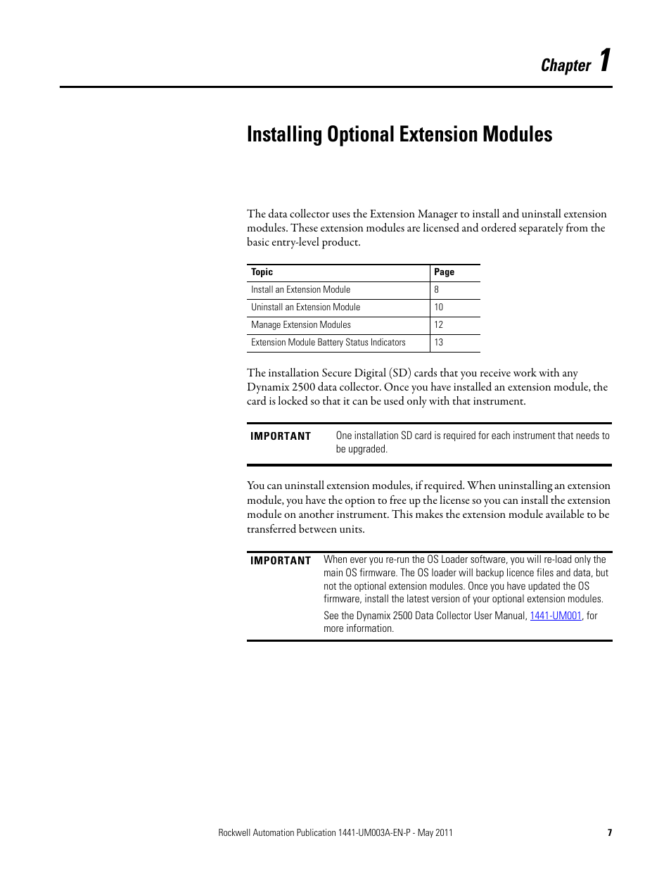 Installing optional extension modules, Chapter 1, Chapter | Rockwell Automation 1441-DYN25-MFRF Frequency Response Function Extension Module for the Dynamix 2500 User Manual | Page 7 / 32