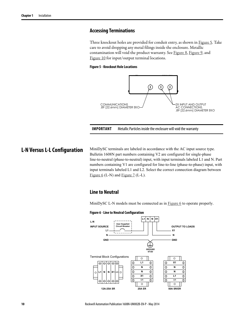 Accessing terminations, Figure 5 - knockout hole locations, L-n versus l-l configuration | Line to neutral, Figure 6 - line to neutral configuration | Rockwell Automation 1608N MiniDySC User Manual, 12-50 Amp User Manual | Page 10 / 24