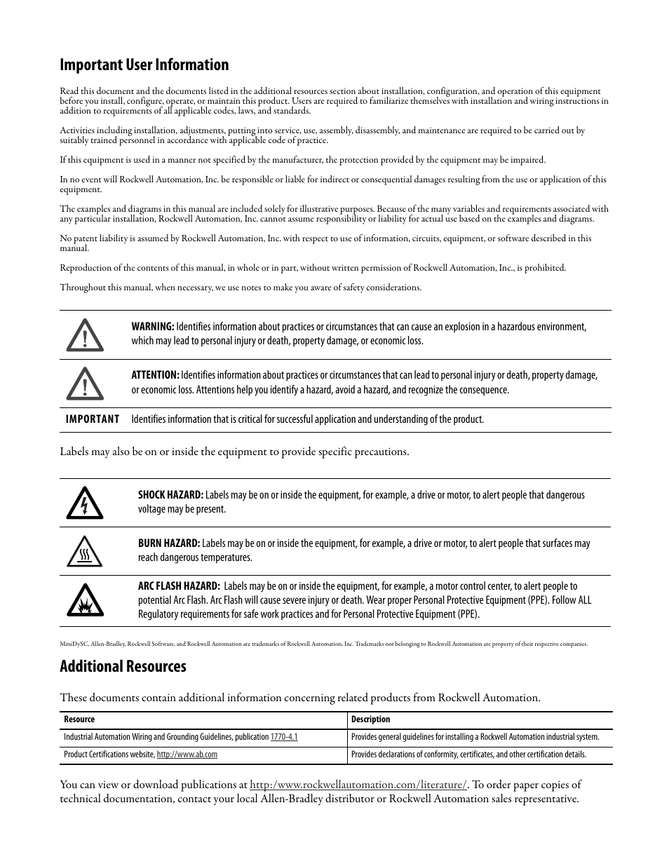 Important user information, Additional resources | Rockwell Automation 1608N MiniDySC User Manual, 12-50 Amp User Manual | Page 2 / 24