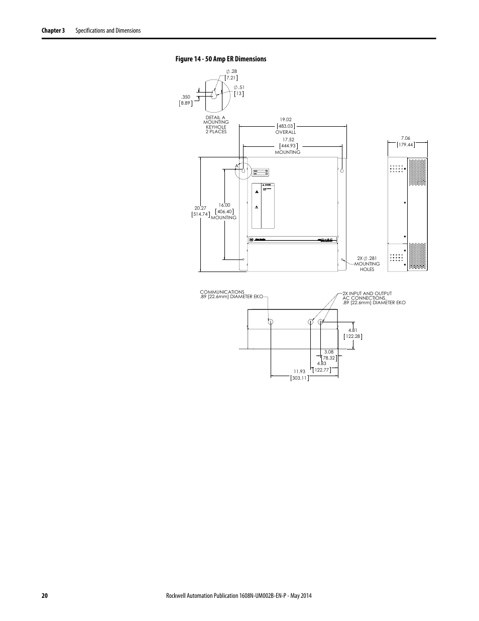 Figure 14 - 50 amp er dimensions, Figure 14 | Rockwell Automation 1608N MiniDySC User Manual, 12-50 Amp User Manual | Page 20 / 24