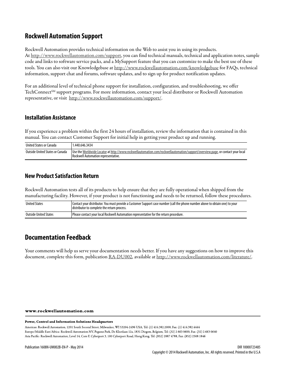 Rockwell automation support, Documentation feedback, Installation assistance | New product satisfaction return | Rockwell Automation 1608N MiniDySC User Manual, 12-50 Amp User Manual | Page 24 / 24