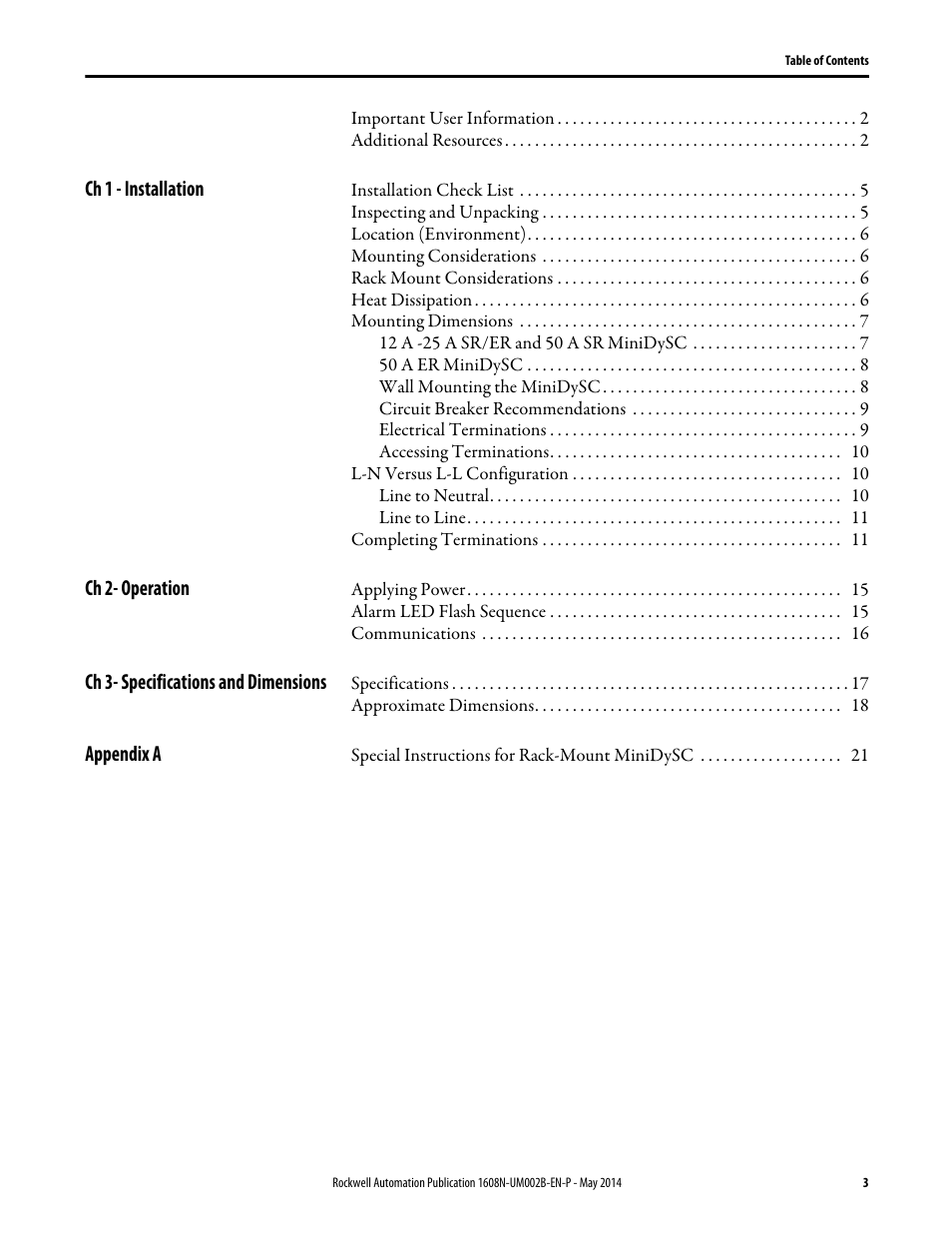 Ch 1 - installation, Ch 2- operation, Ch 3- specifications and dimensions | Appendix a | Rockwell Automation 1608N MiniDySC User Manual, 12-50 Amp User Manual | Page 3 / 24