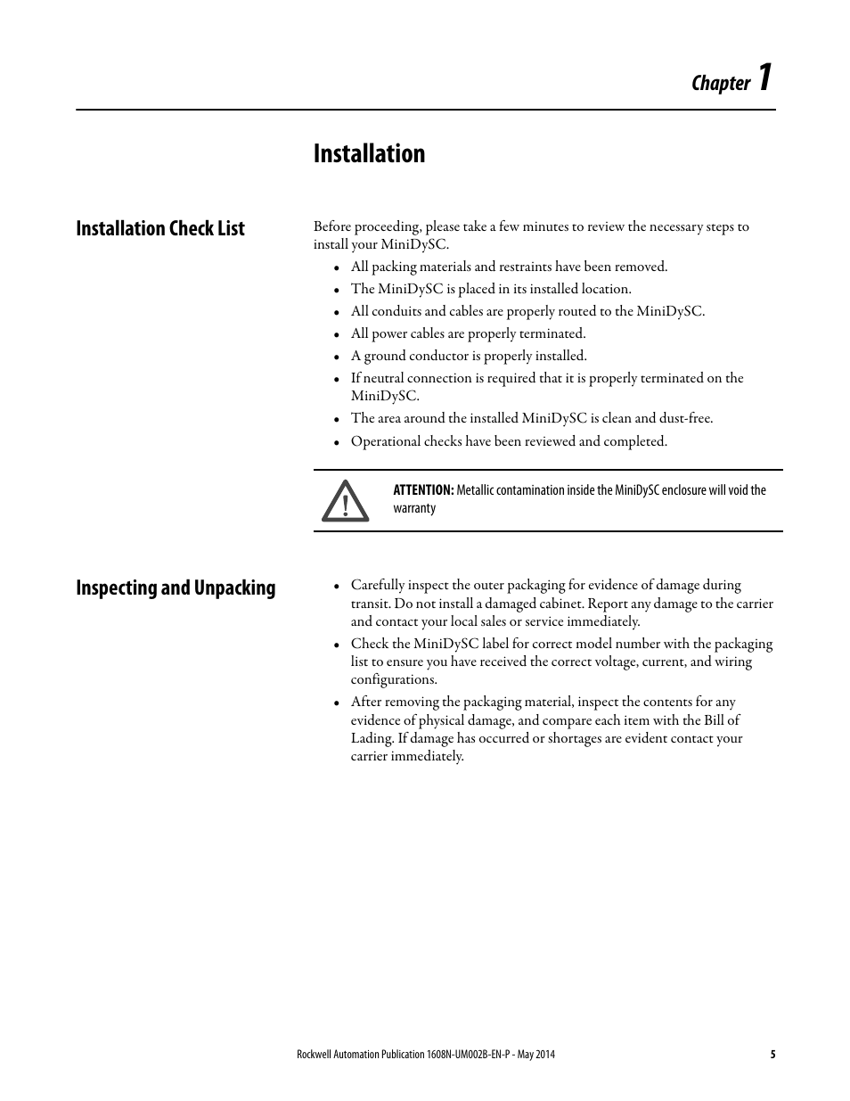 Chapter 1, Installation, Installation check list | Inspecting and unpacking, Installation check list inspecting and unpacking, Chapter | Rockwell Automation 1608N MiniDySC User Manual, 12-50 Amp User Manual | Page 5 / 24