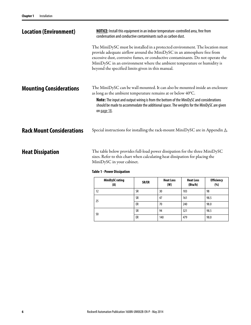 Location (environment), Mounting considerations, Rack mount considerations | Heat dissipation, Table 1 - power dissipation | Rockwell Automation 1608N MiniDySC User Manual, 12-50 Amp User Manual | Page 6 / 24
