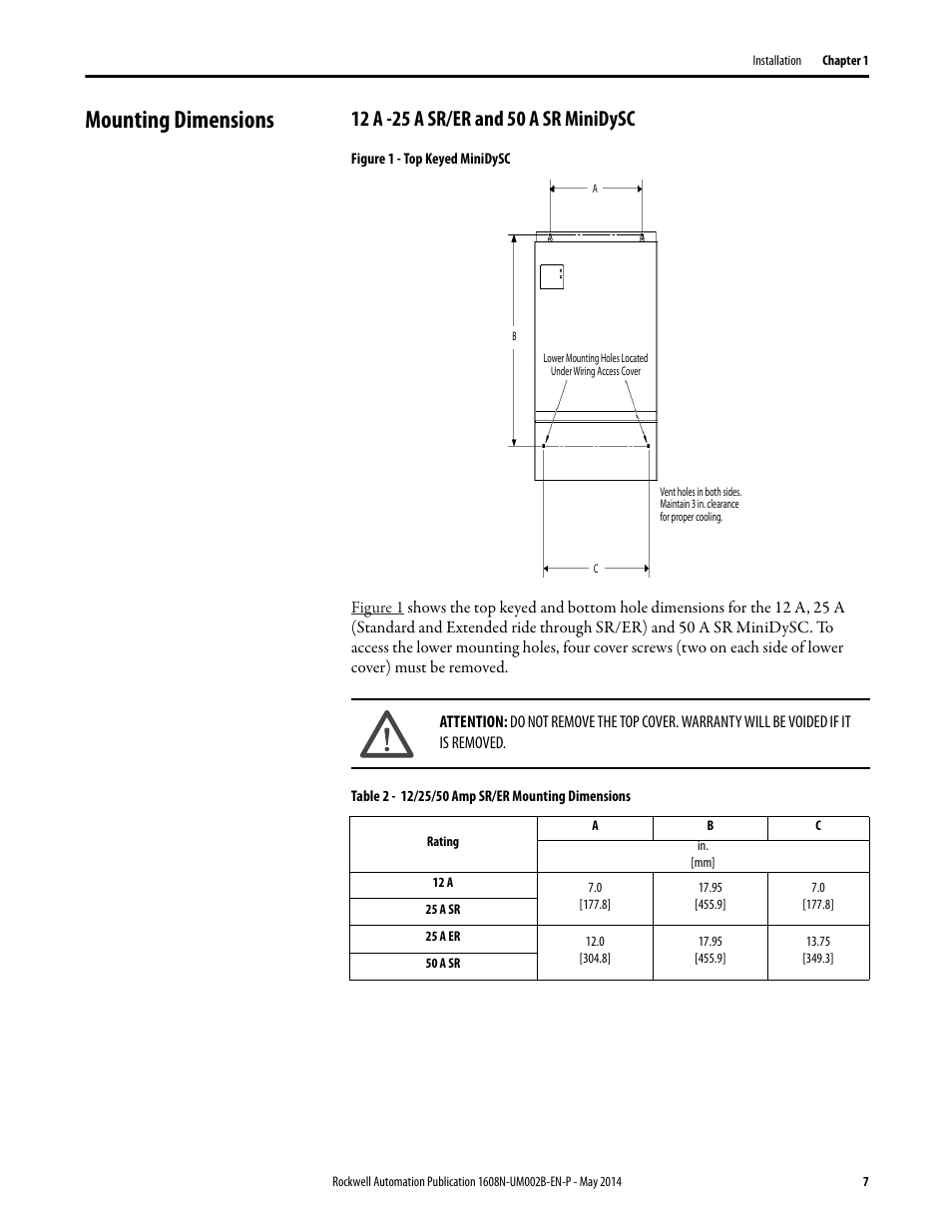 Mounting dimensions, 12 a -25 a sr/er and 50 a sr minidysc, Figure 1 - top keyed minidysc | Table 2 - 12/25/50 amp sr/er mounting dimensions | Rockwell Automation 1608N MiniDySC User Manual, 12-50 Amp User Manual | Page 7 / 24