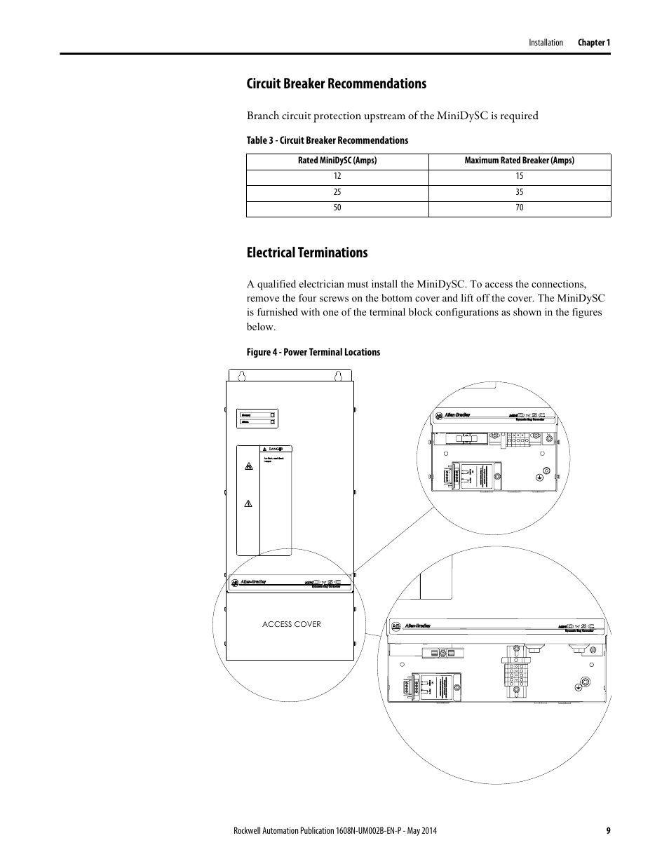 Circuit breaker recommendations, Table 3 - circuit breaker recommendations, Electrical terminations | Figure 4 - power terminal locations | Rockwell Automation 1608N MiniDySC User Manual, 12-50 Amp User Manual | Page 9 / 24