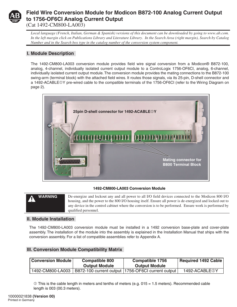 Rockwell Automation 1492-CM800-LA003 Field Wire Conv. Module for Modicon B872-100 to 1756-OF6CI User Manual | 4 pages