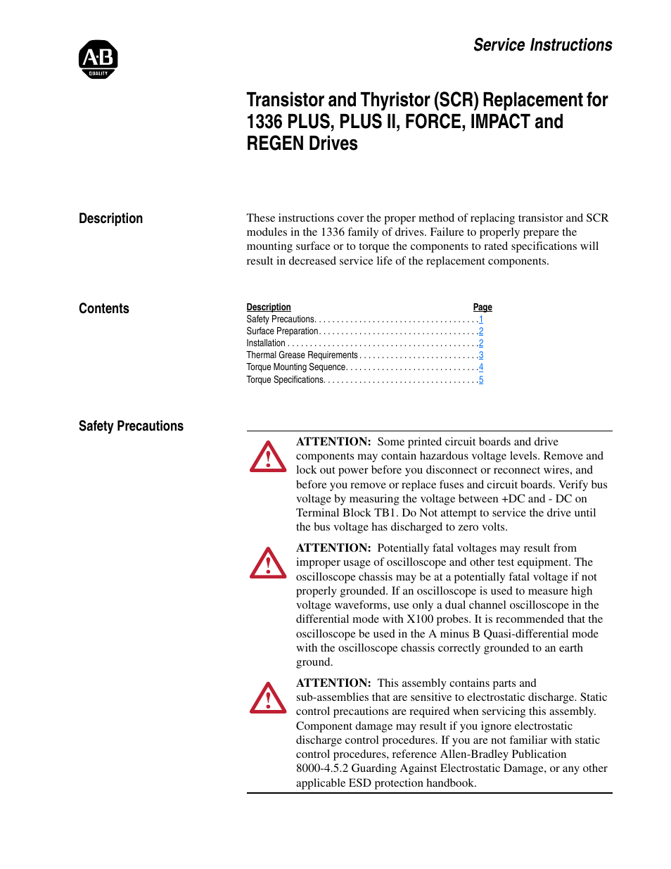 Rockwell Automation 1336S_F_E_T_R Transistor,Thyristor (SCR) Replacement User Manual | 6 pages