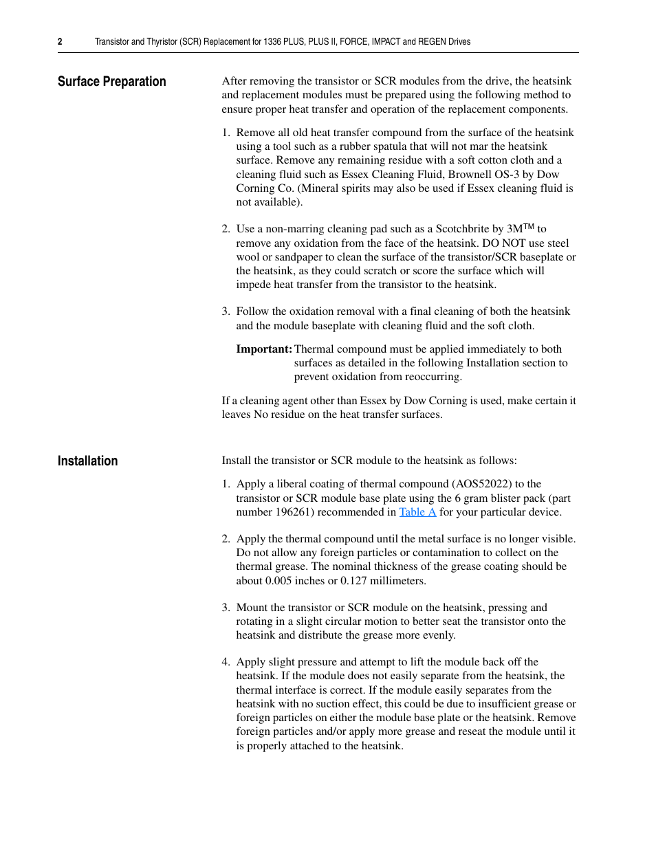 Surface preparation, Installation | Rockwell Automation 1336S_F_E_T_R Transistor,Thyristor (SCR) Replacement User Manual | Page 2 / 6