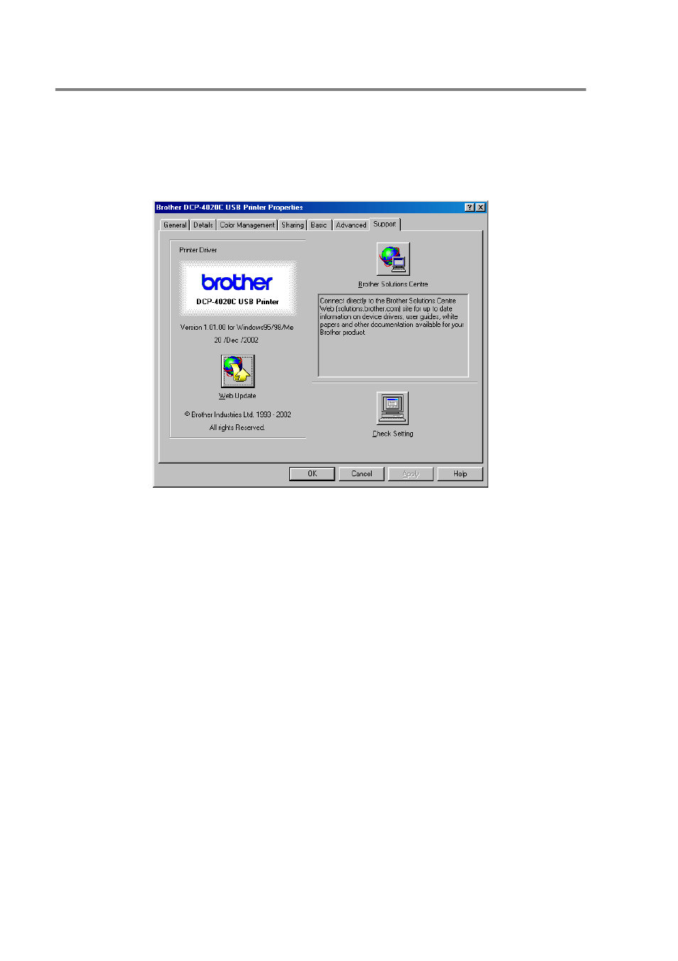 Support tab, Brother solutions center, Web update | Check setting, Support tab -21 | Brother DCP-4020C User Manual | Page 99 / 227