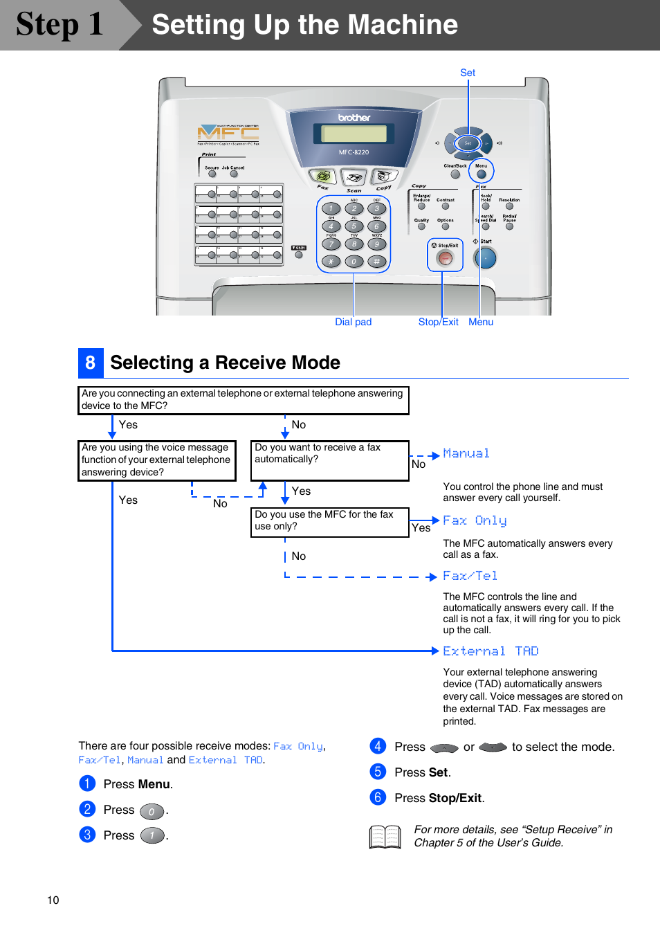 8 selecting a receive mode, Selecting a receive mode, Step 1 | Setting up the machine, 8selecting a receive mode | Brother MFC 8220 User Manual | Page 12 / 61