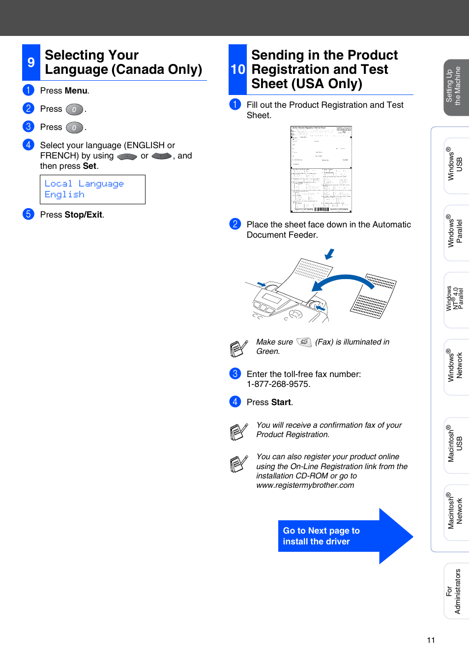 9 selecting your language (canada only), Selecting your language (canada only), 9selecting your language (canada only) | Local language english | Brother MFC 8220 User Manual | Page 13 / 61