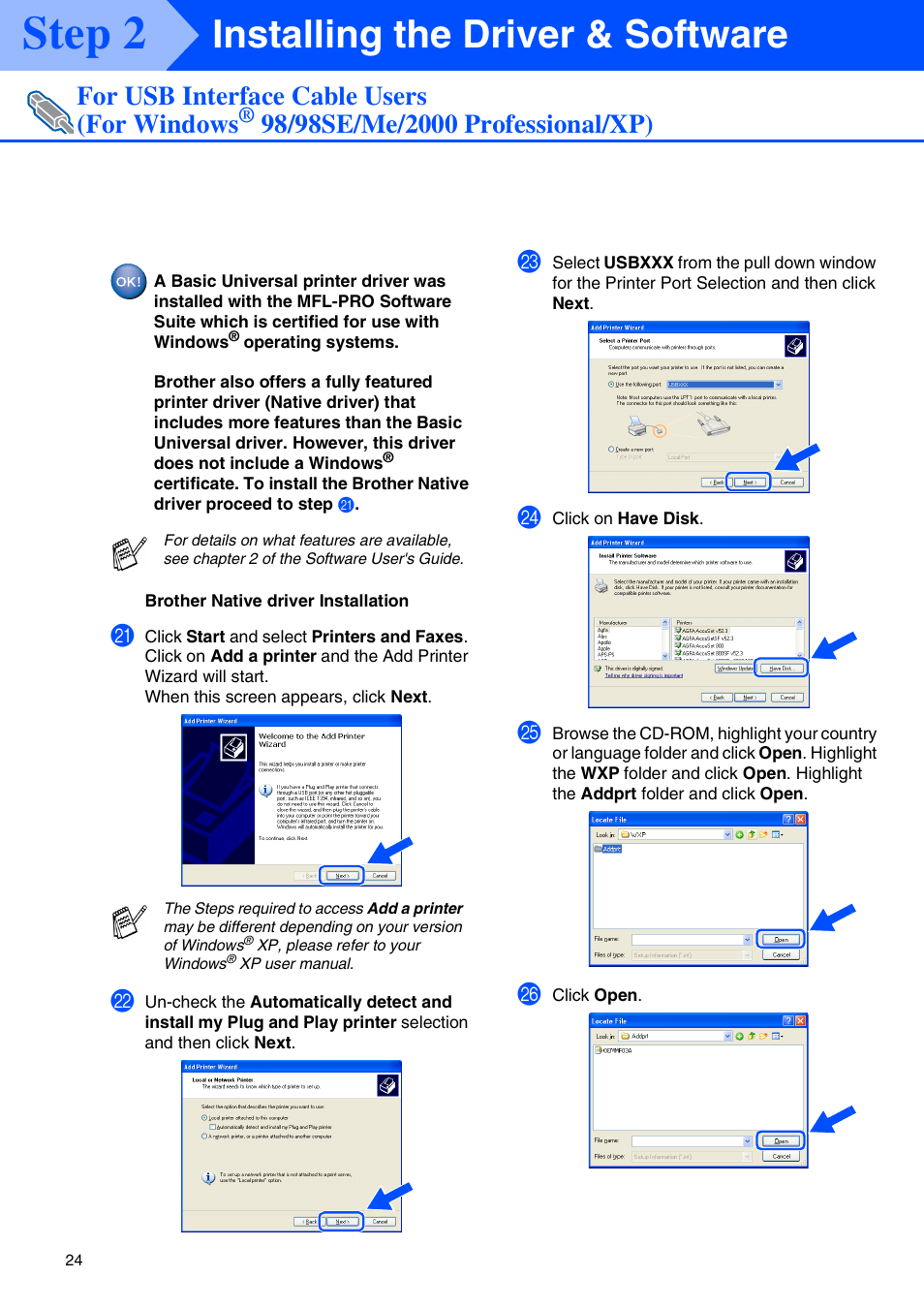 Step 2, Installing the driver & software, For usb interface cable users (for windows | Brother MFC 8220 User Manual | Page 26 / 61