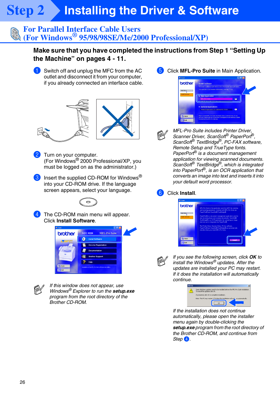 For windows, 95/98/98se/me/2000 professional/xp), Step 2 | Installing the driver & software, For parallel interface cable users (for windows | Brother MFC 8220 User Manual | Page 28 / 61