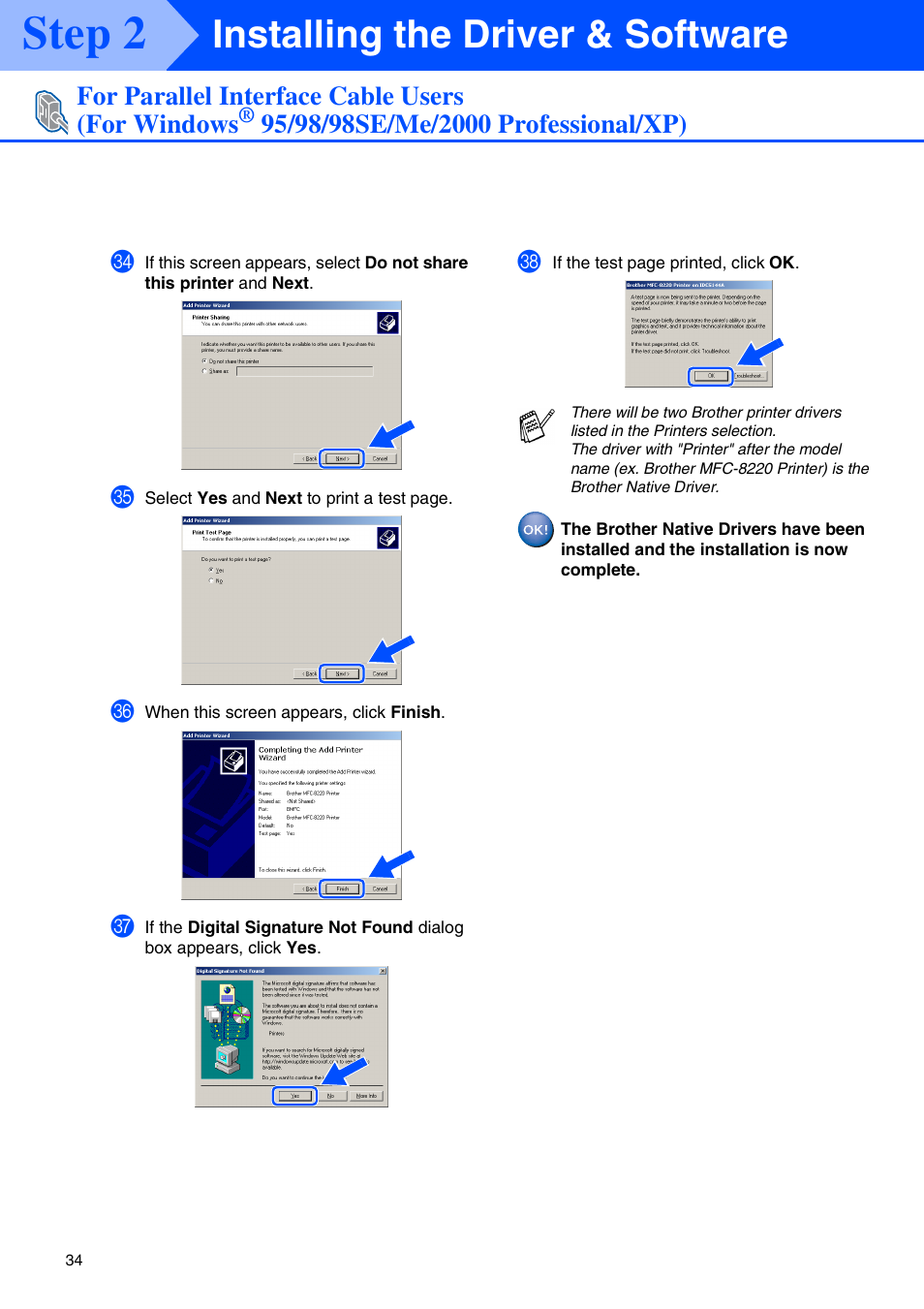 Step 2, Installing the driver & software, For parallel interface cable users (for windows | Brother MFC 8220 User Manual | Page 36 / 61