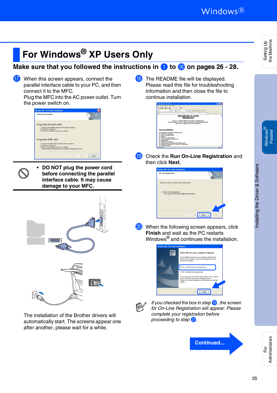 For windows® xp users only, For windows, Xp users only | Windows, Xp users, Make sure that you followed the instructions in, On pages 26 - 28 | Brother MFC 8220 User Manual | Page 37 / 61