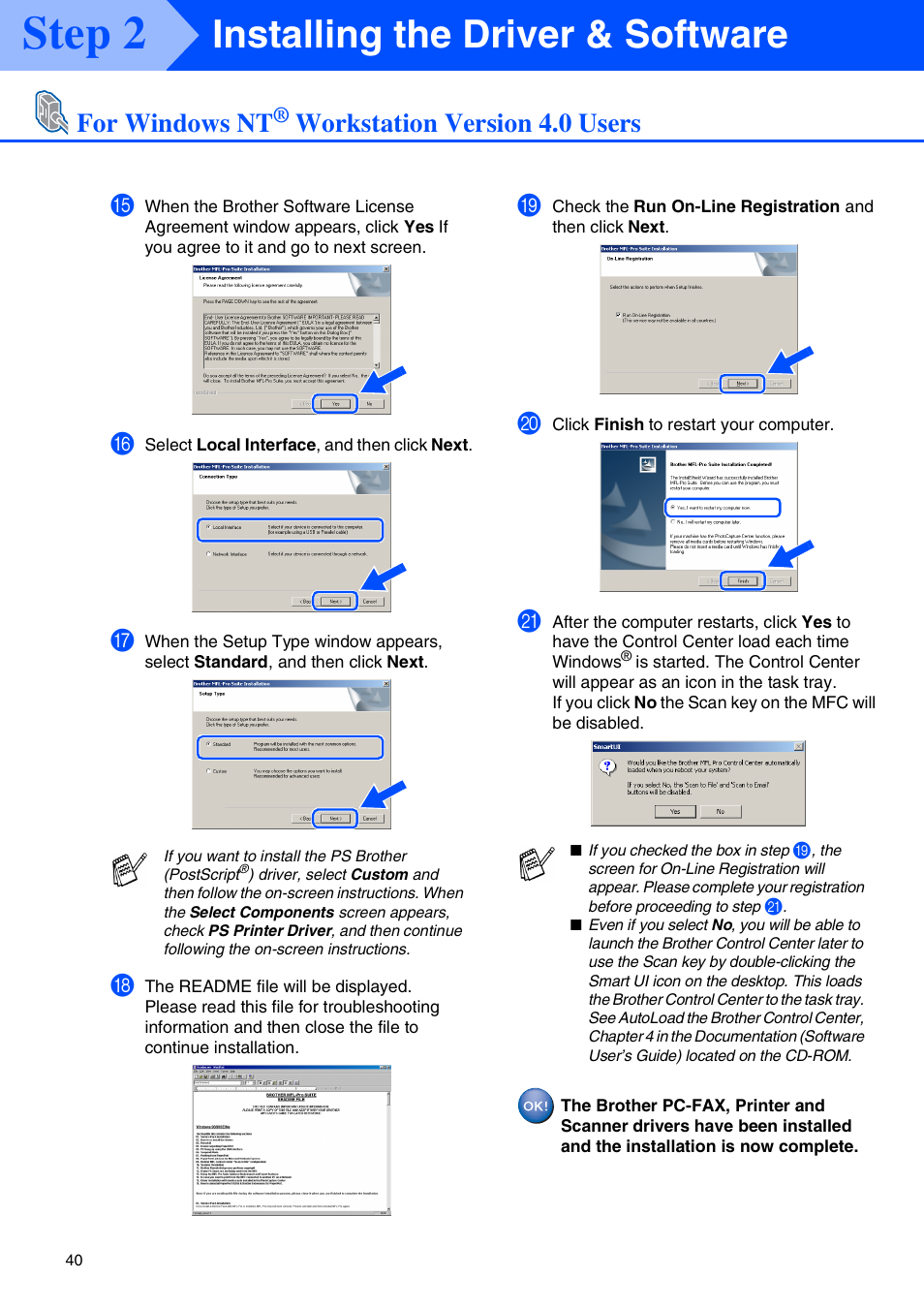 Step 2, Installing the driver & software, For windows nt | Workstation version 4.0 users | Brother MFC 8220 User Manual | Page 42 / 61