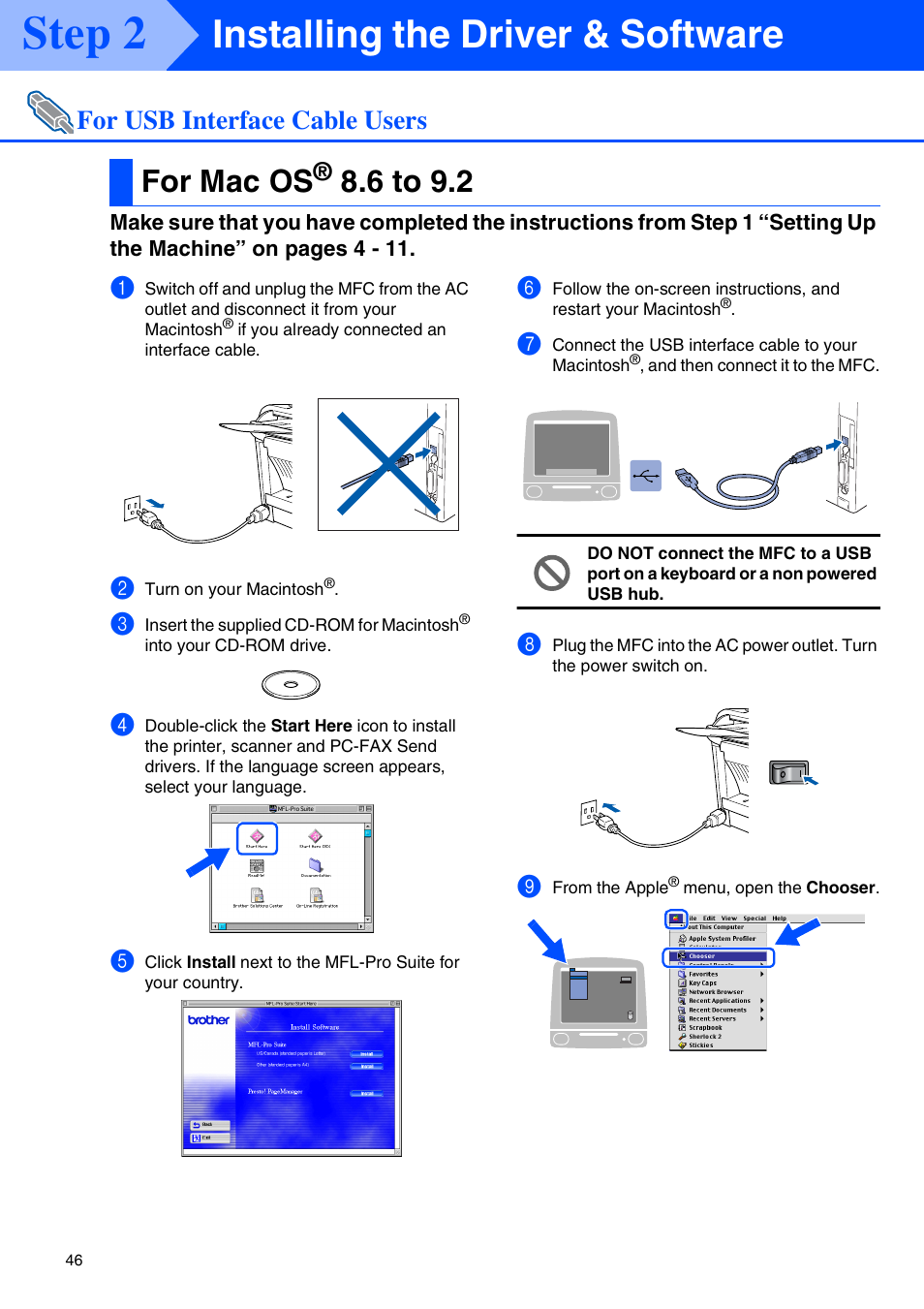 For usb interface cable users, For mac os® 8.6 to 9.2, For mac os | 6 to 9.2, Step 2, Installing the driver & software | Brother MFC 8220 User Manual | Page 48 / 61