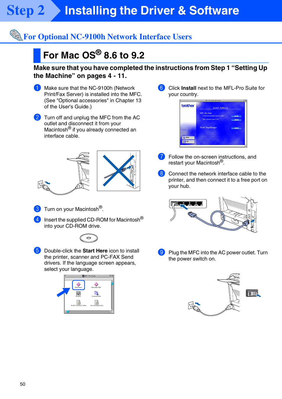 For optional nc-9100h network interface users, For mac os® 8.6 to 9.2, For mac os | 6 to 9.2, Step 2, Installing the driver & software | Brother MFC 8220 User Manual | Page 52 / 61