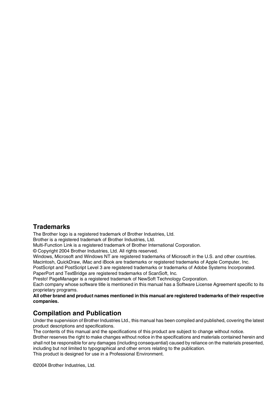 Trademarks, Compilation and publication | Brother MFC 8220 User Manual | Page 60 / 61