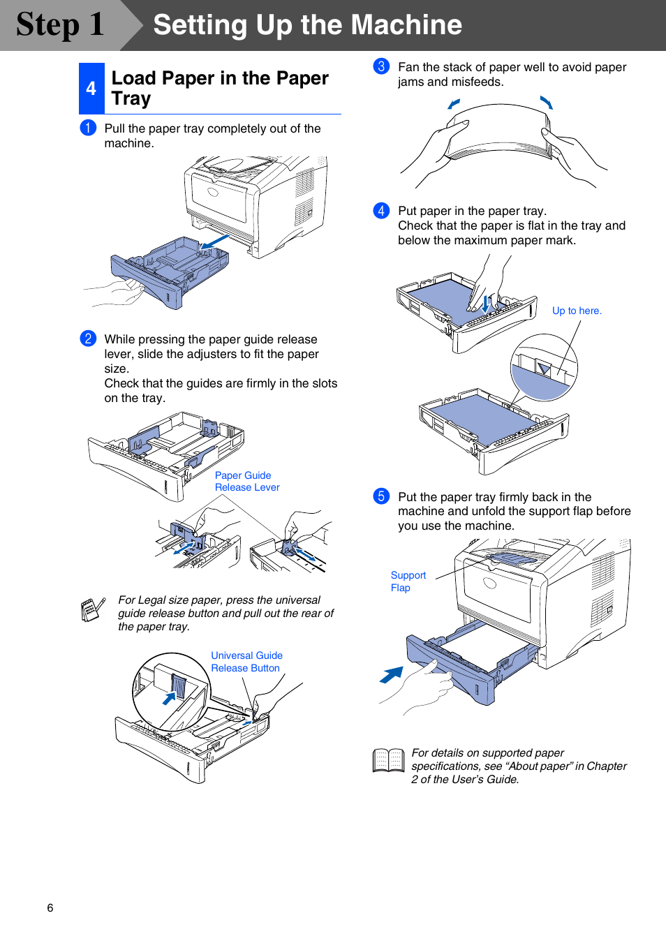 4 load paper in the paper tray, Load paper in the paper tray, Step 1 | Setting up the machine, 4load paper in the paper tray | Brother MFC 8220 User Manual | Page 8 / 61